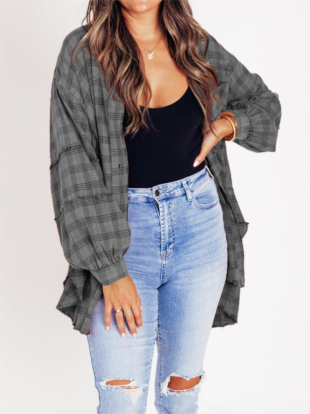 🔥Women's Seams Raw Edge Washed Oversized Shirt Jacket with Pockets