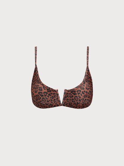 Leopard Print V Notch Lurex Bikini Top